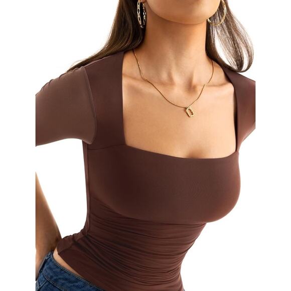 Sexy Square Neck Shirt Top Women’s Small Double Lined Half Mesh Sleeve Brown NEW - Picture 2 of 3